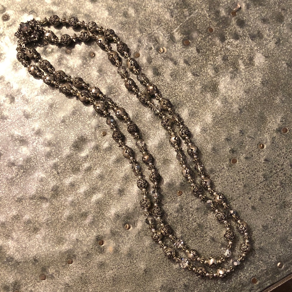 Double Strand Silver Rose 🌹 Bead Necklace with decorative clasp